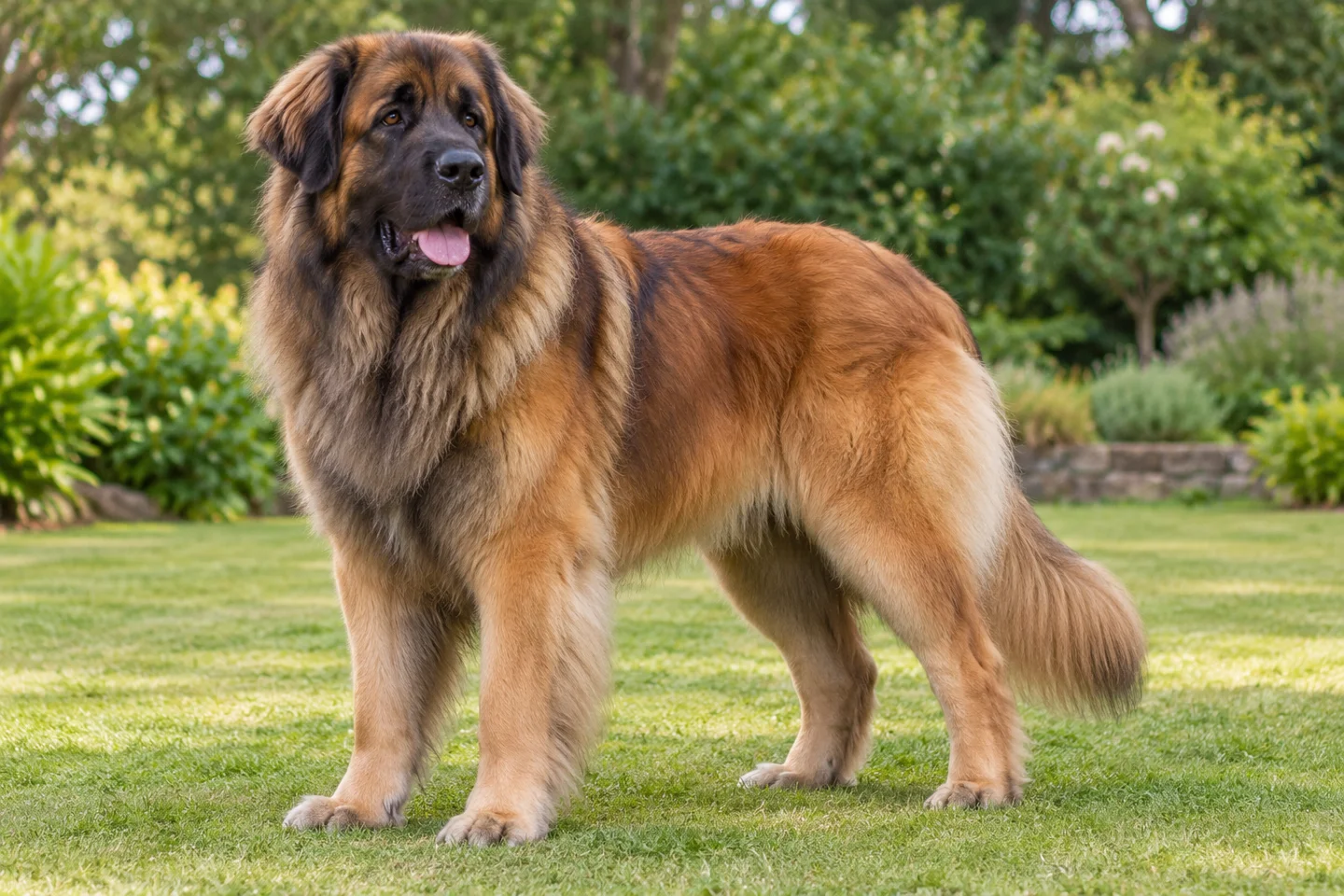An adult reddish-brown Leonberger with a black mask and full feathered tail standing outdoors