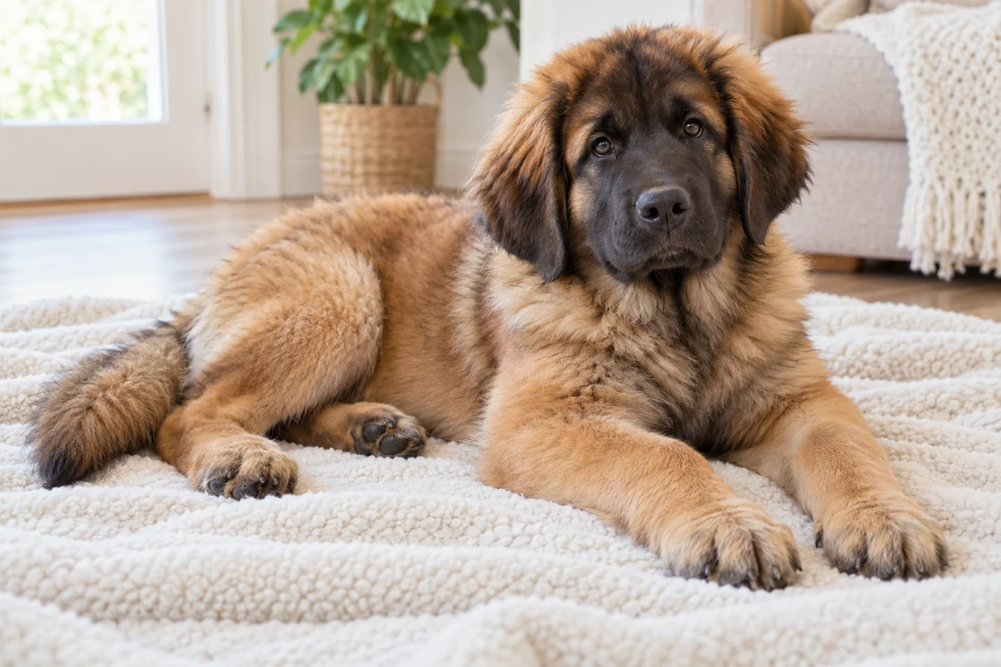 An older Leonberger puppy with a brown fluffy coat, black mask and natural pendant ears resting