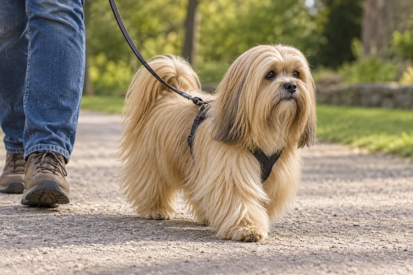 Lhasa Apso adult walking in a harness beside an adult handler, with breed-specific coat and natural anatomy