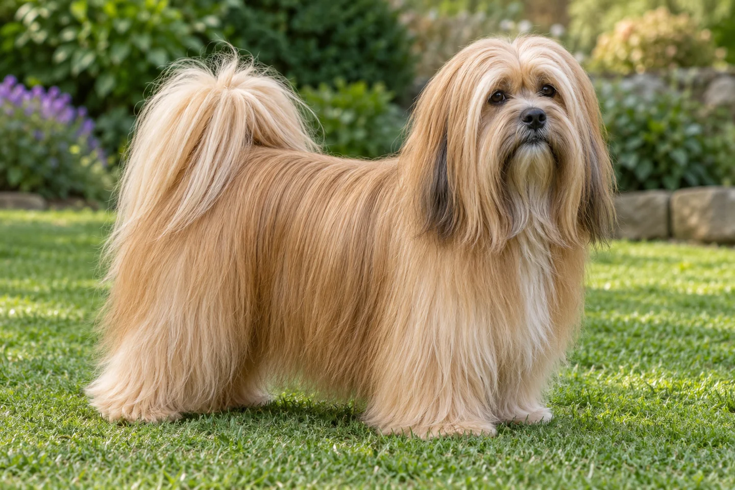 Lhasa Apso adult standing naturally outdoors, with breed-specific coat and natural anatomy