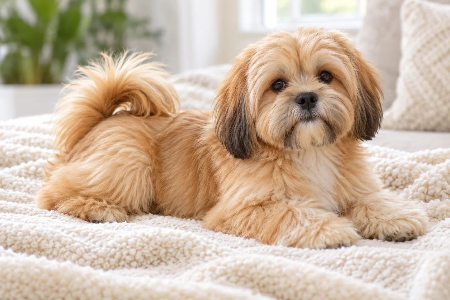 Lhasa Apso older puppy resting on a blanket indoors, with breed-specific coat and natural anatomy