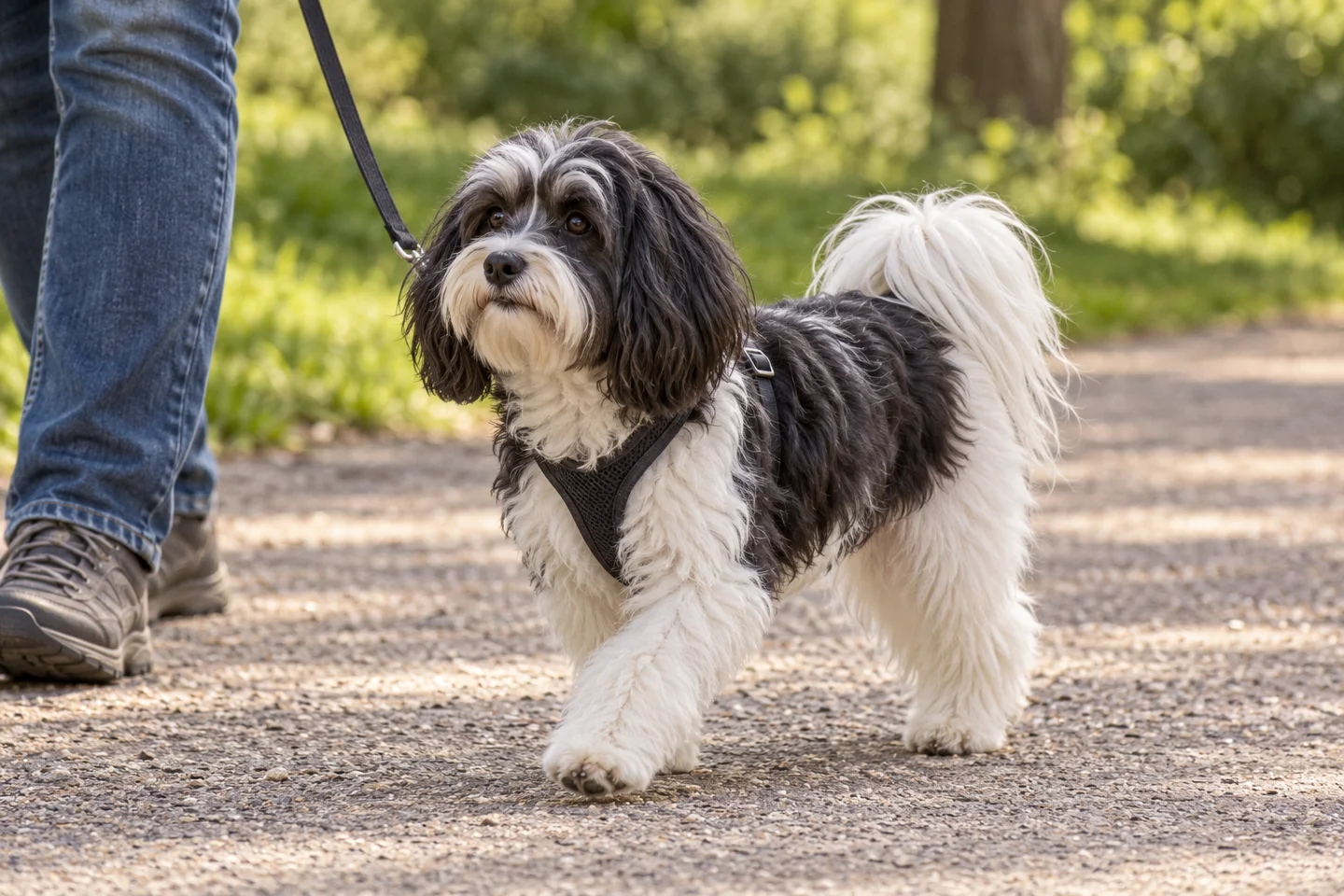 Löwchen adult walking in a harness beside an adult handler, with breed-specific coat and natural anatomy