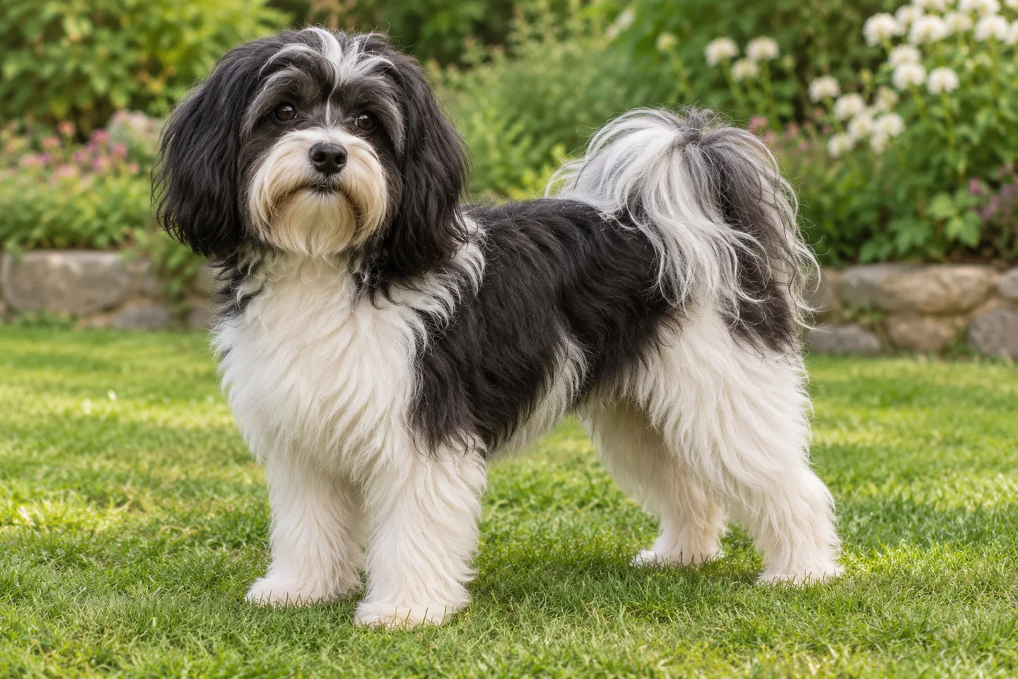 Löwchen adult standing naturally outdoors, with breed-specific coat and natural anatomy