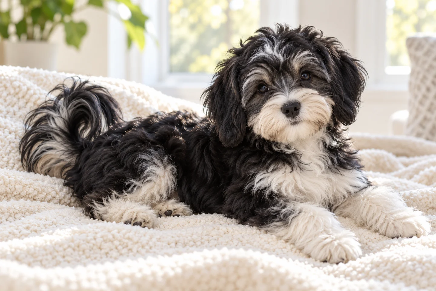 Löwchen older puppy resting on a blanket indoors, with breed-specific coat and natural anatomy