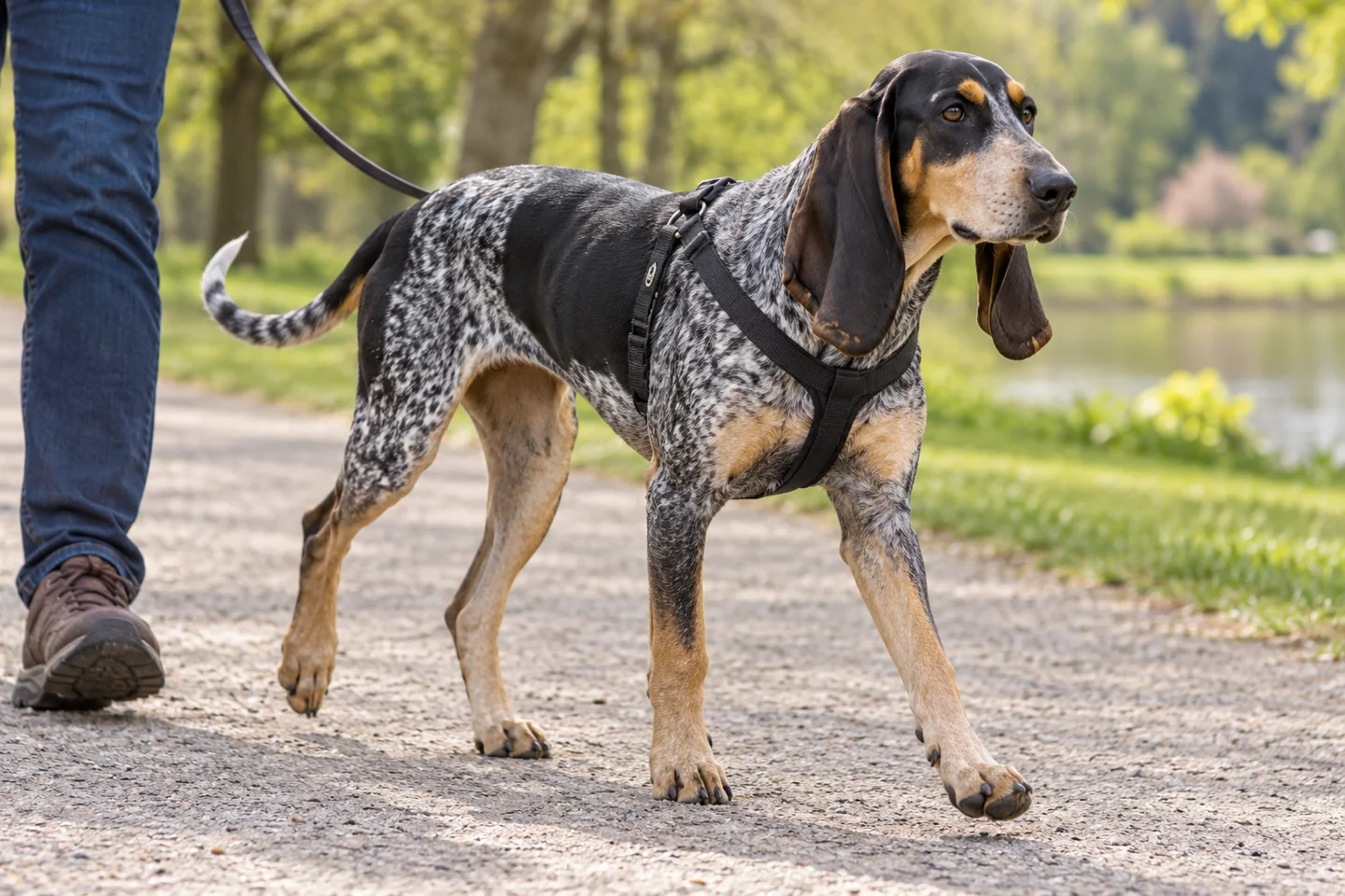 Lucerne Hound adult walking in a harness beside an adult handler, with breed-specific coat and natural anatomy