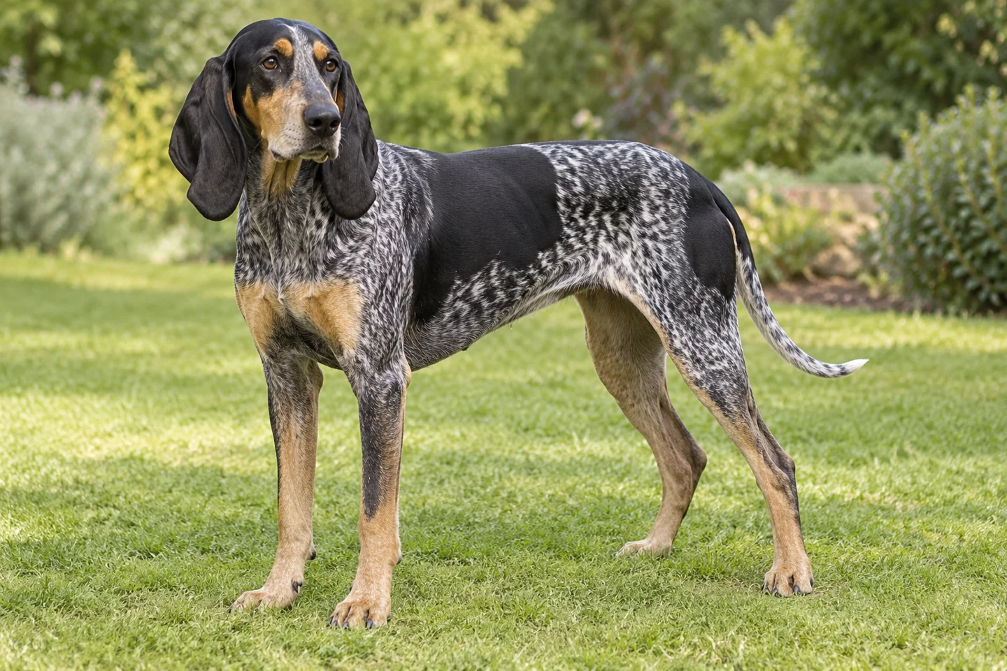 Lucerne Hound adult standing naturally outdoors, with breed-specific coat and natural anatomy