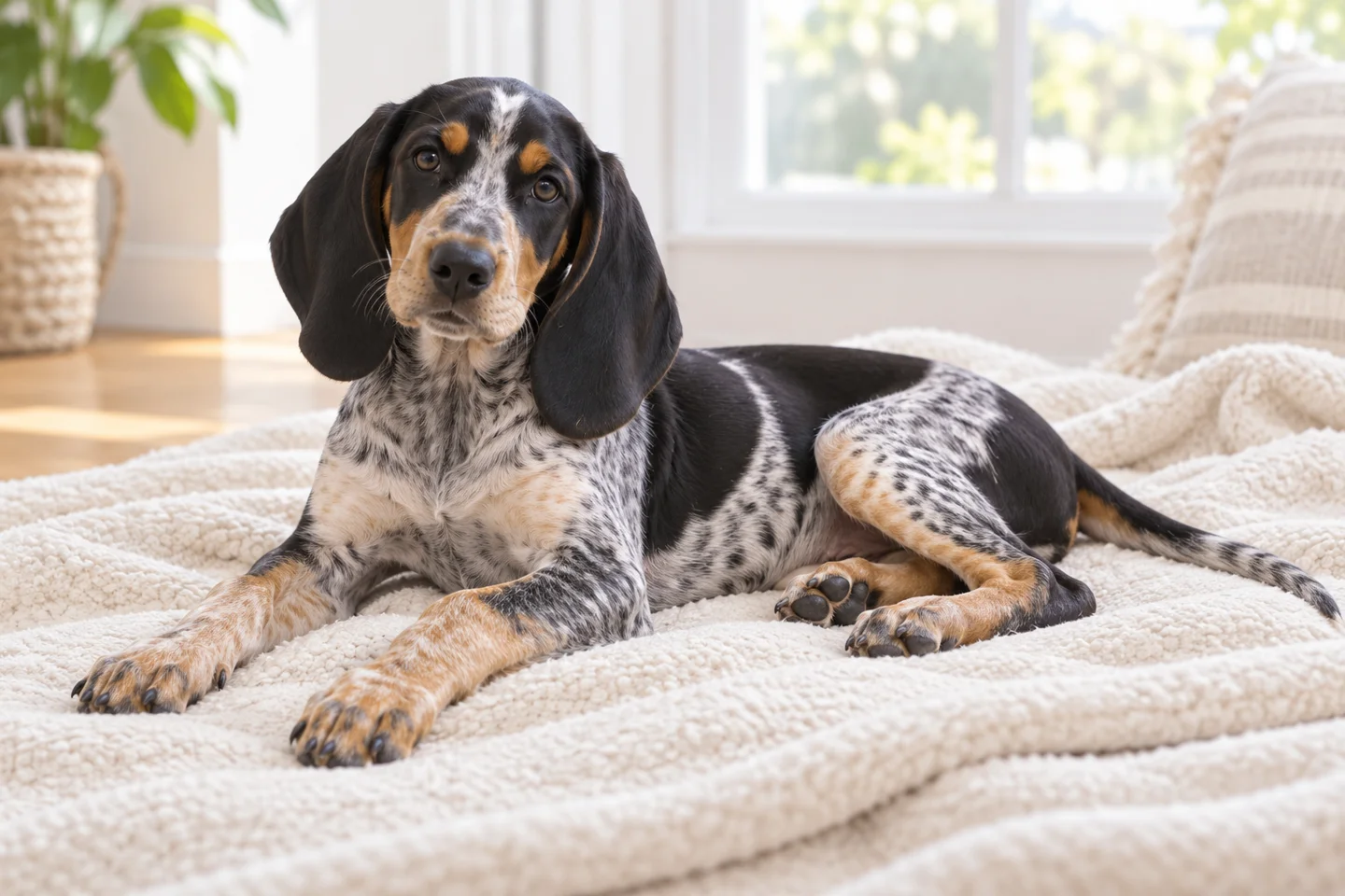 Lucerne Hound older puppy resting on a blanket indoors, with breed-specific coat and natural anatomy