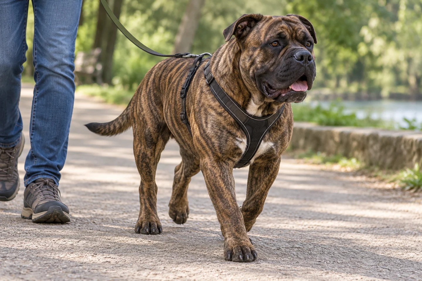 Majorca Mastiff adult walking in a harness beside an adult handler, with breed-specific coat and natural anatomy