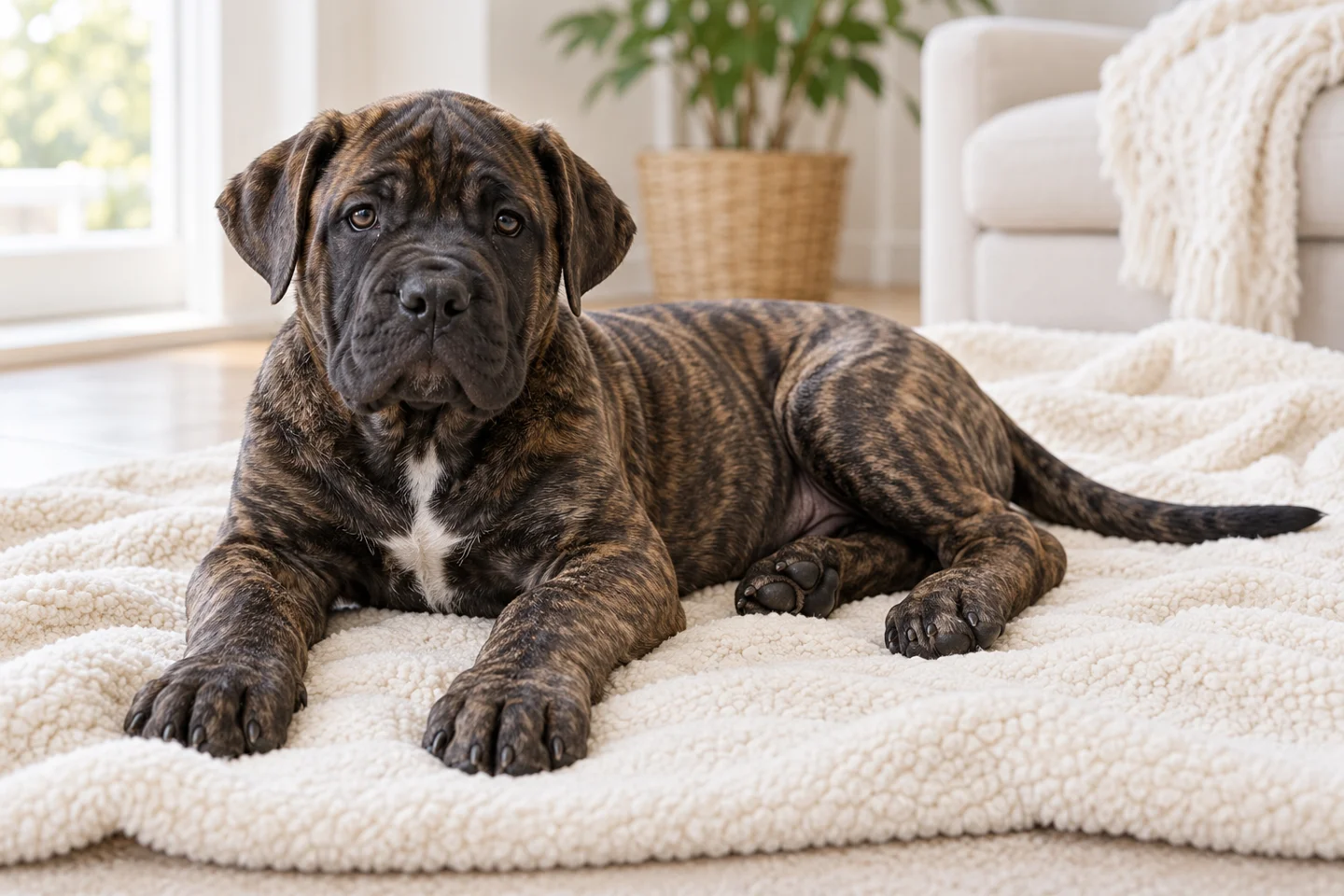 Majorca Mastiff older puppy resting on a blanket indoors, with breed-specific coat and natural anatomy