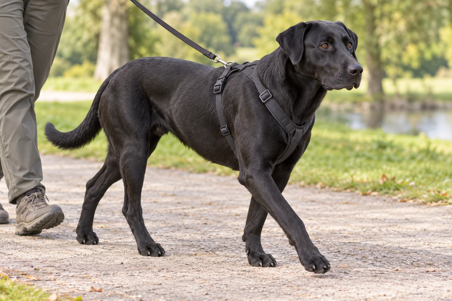 Majorca Shepherd Dog adult walking in a harness beside an adult handler, with breed-specific coat and natural anatomy