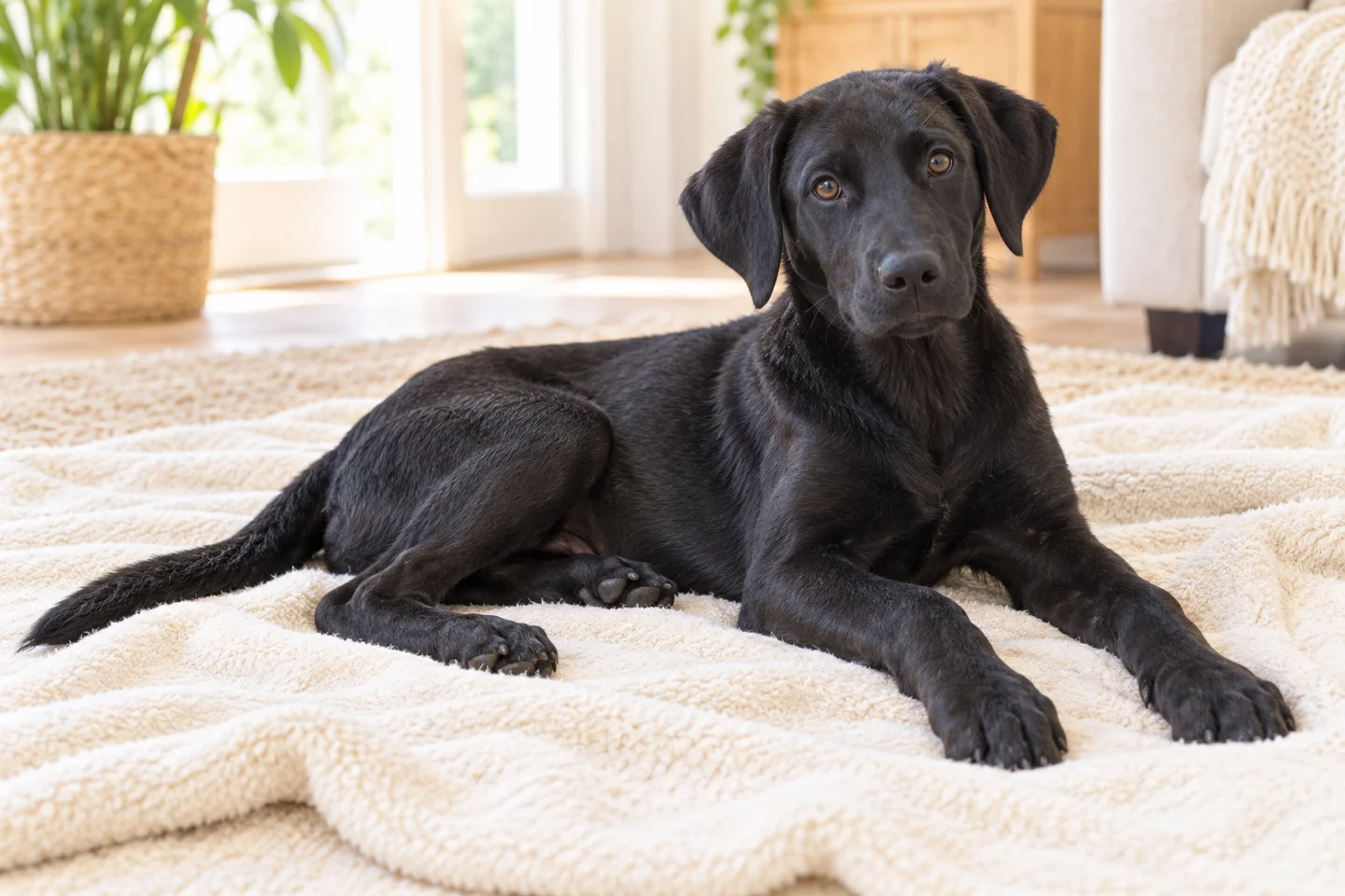 Majorca Shepherd Dog older puppy resting on a blanket indoors, with breed-specific coat and natural anatomy