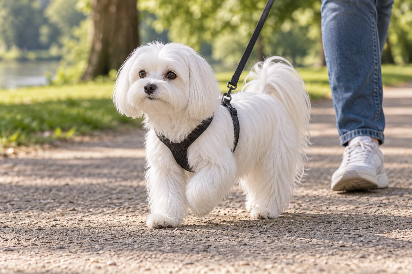 Maltese adult walking in a harness beside an adult handler, with breed-specific coat and natural anatomy