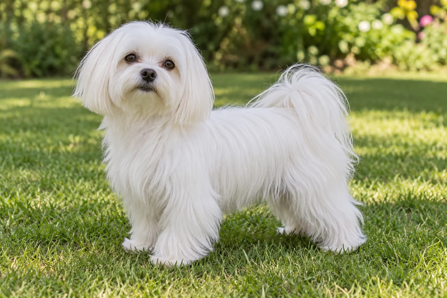 Maltese adult standing naturally outdoors, with breed-specific coat and natural anatomy