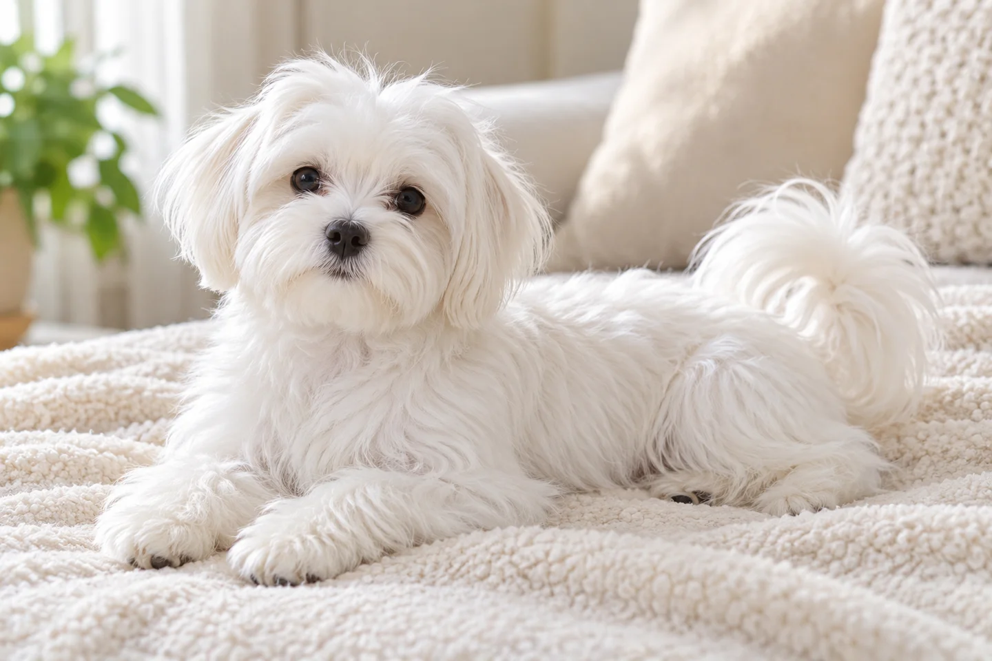 Maltese older puppy resting on a blanket indoors, with breed-specific coat and natural anatomy