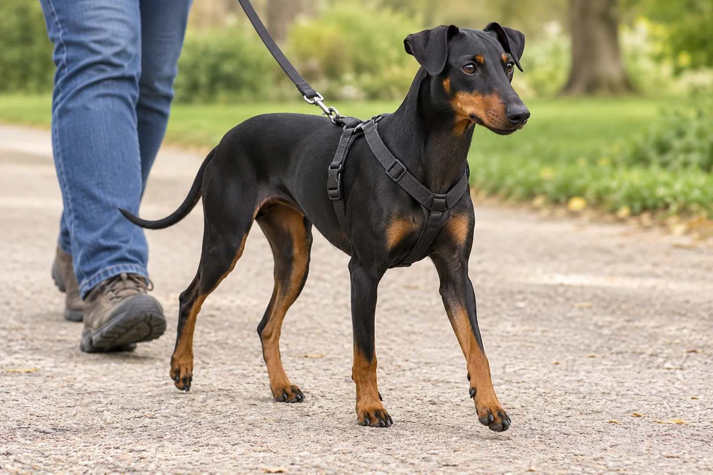 Manchester Terrier adult walking in a harness beside an adult handler, with breed-specific coat and natural anatomy