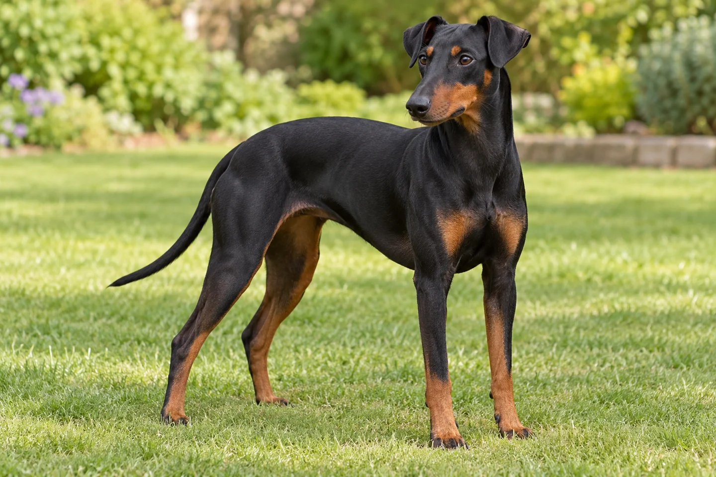 Manchester Terrier adult standing naturally outdoors, with breed-specific coat and natural anatomy