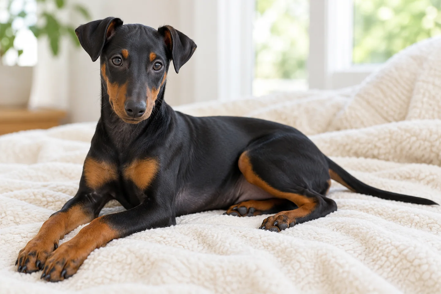 Manchester Terrier older puppy resting on a blanket indoors, with breed-specific coat and natural anatomy