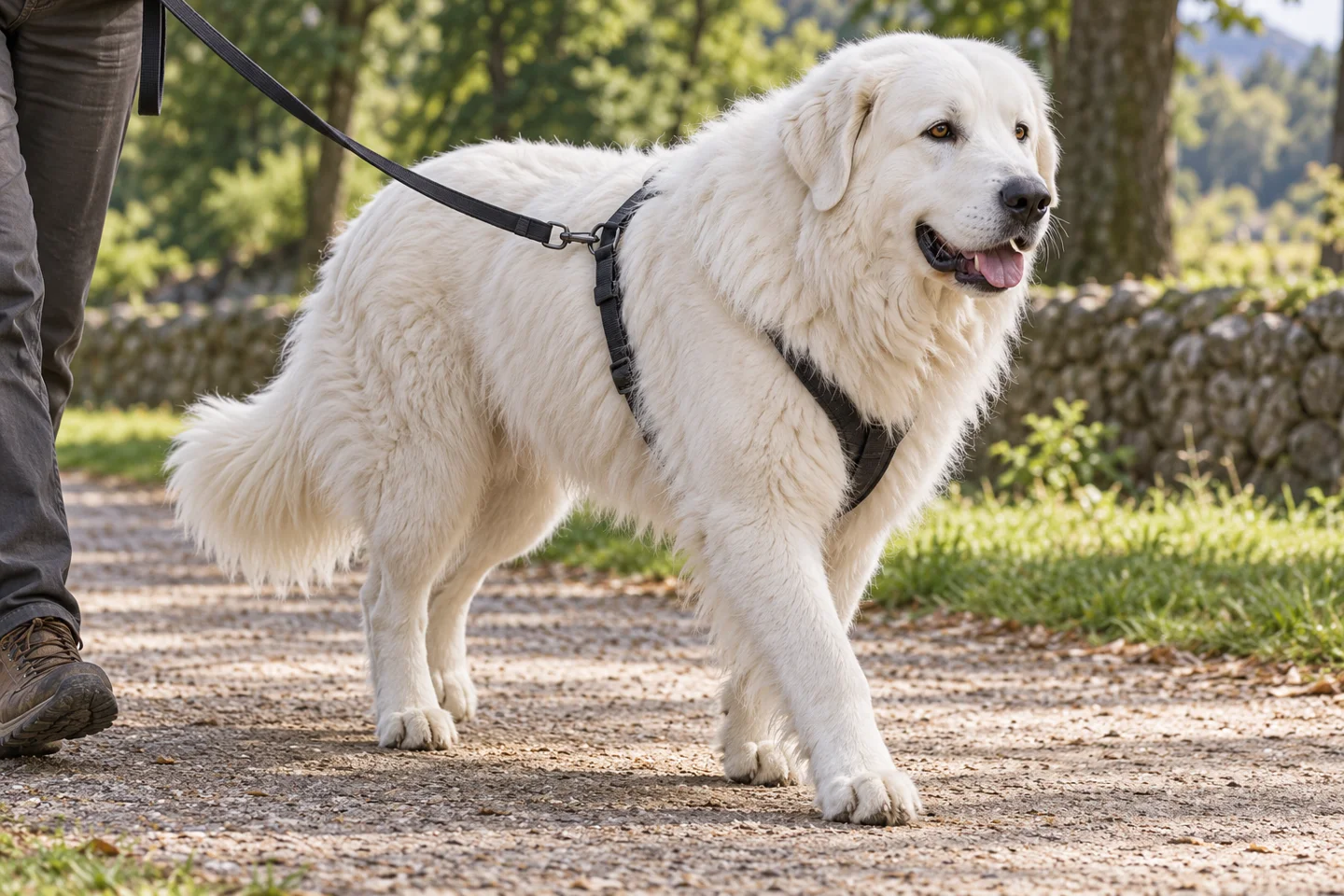 Maremma Sheepdog adult walking in a harness beside an adult handler, with breed-specific coat and natural anatomy