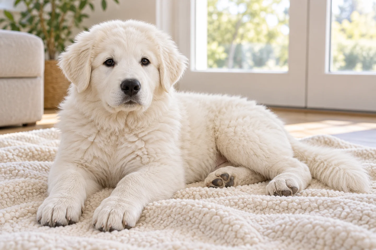 Maremma Sheepdog older puppy resting on a blanket indoors, with breed-specific coat and natural anatomy