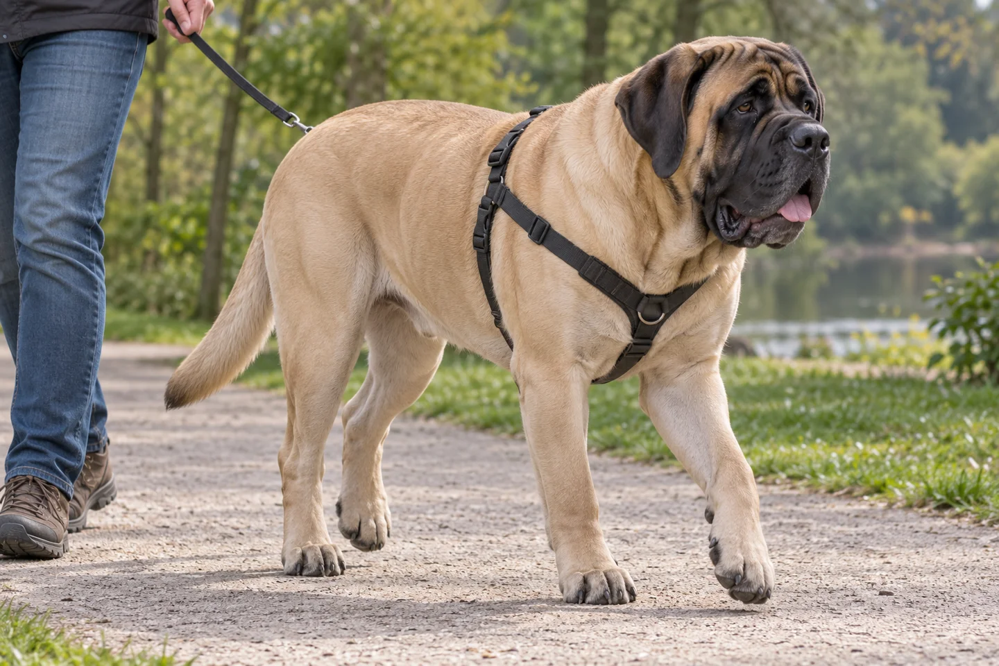 Mastiff adult walking in a harness beside an adult handler, with breed-specific coat and natural anatomy