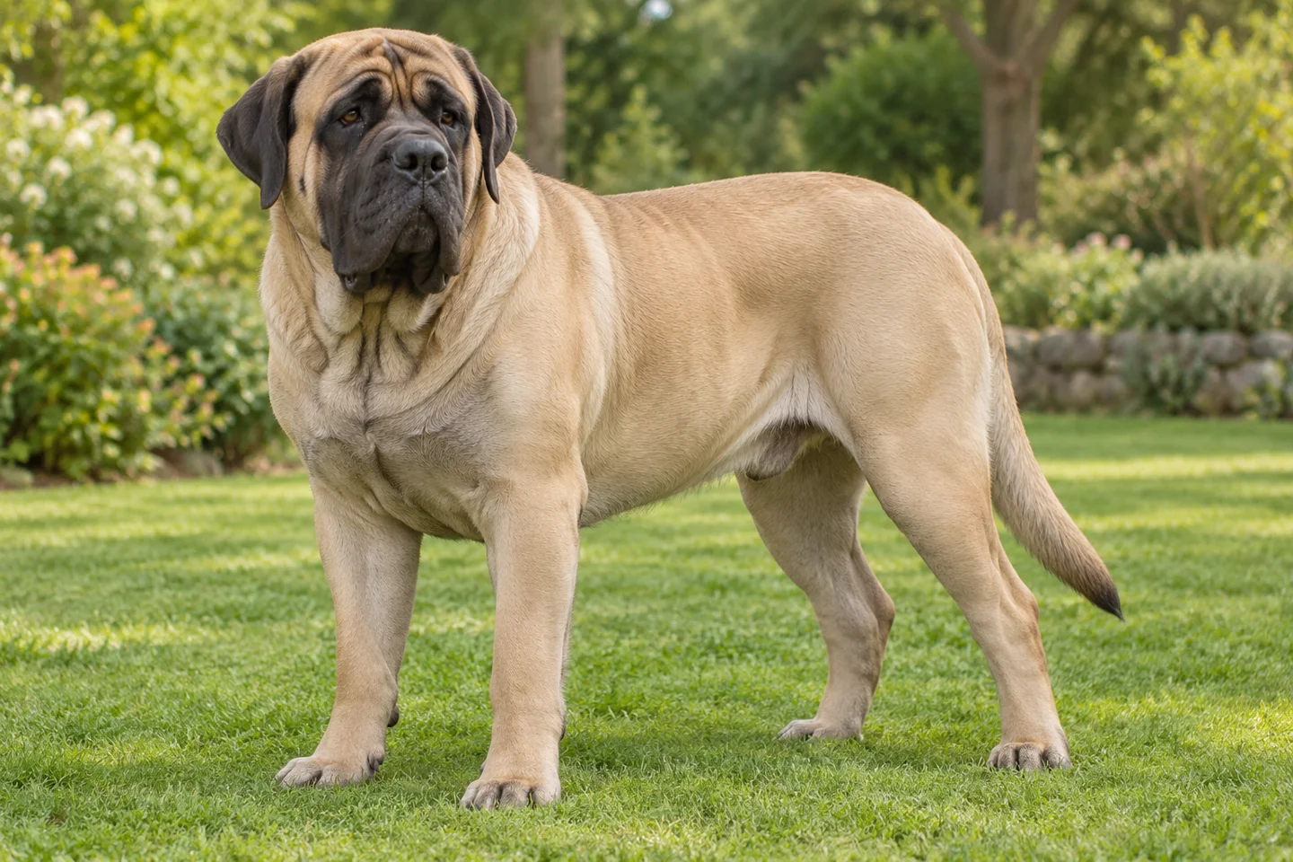 Mastiff adult standing naturally outdoors, with breed-specific coat and natural anatomy