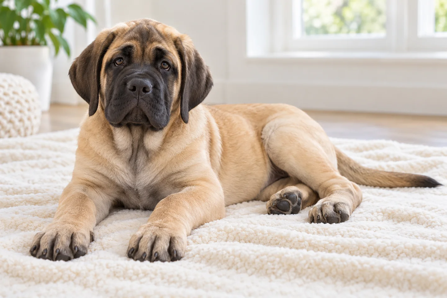 Mastiff older puppy resting on a blanket indoors, with breed-specific coat and natural anatomy