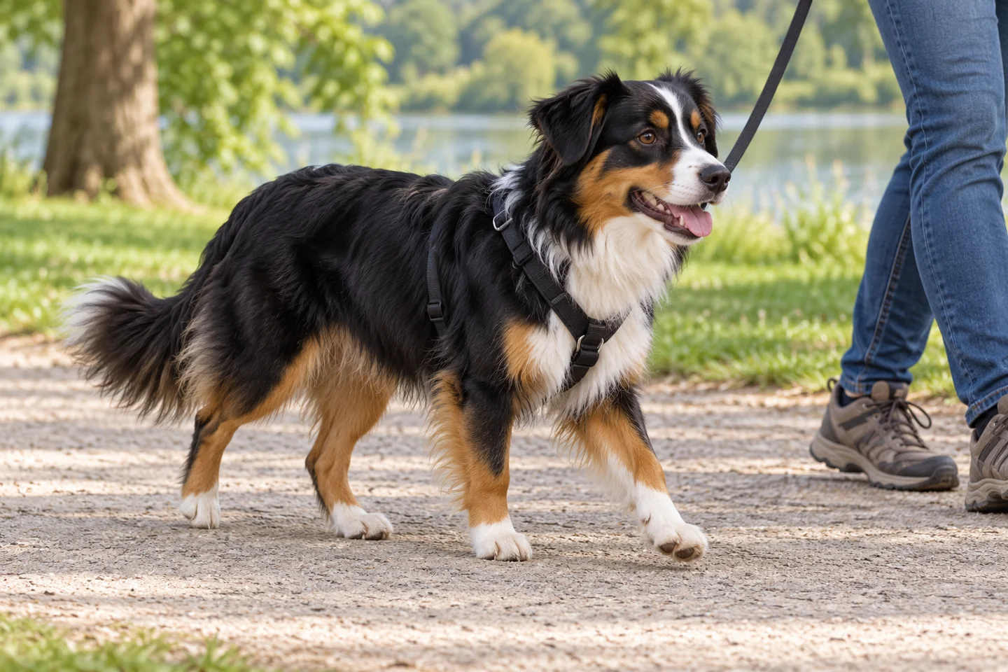 Miniature American Shepherd adult walking in a harness beside an adult handler, with breed-specific coat and natural anatomy