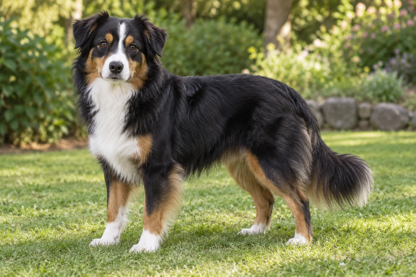 Miniature American Shepherd adult standing naturally outdoors, with breed-specific coat and natural anatomy