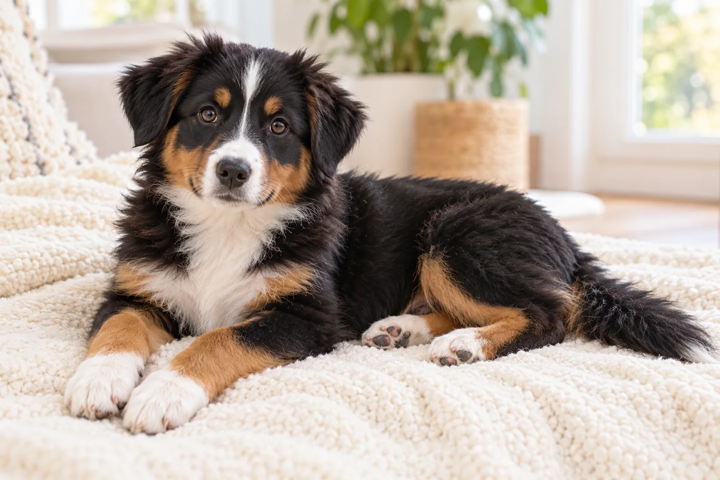 Miniature American Shepherd older puppy resting on a blanket indoors, with breed-specific coat and natural anatomy