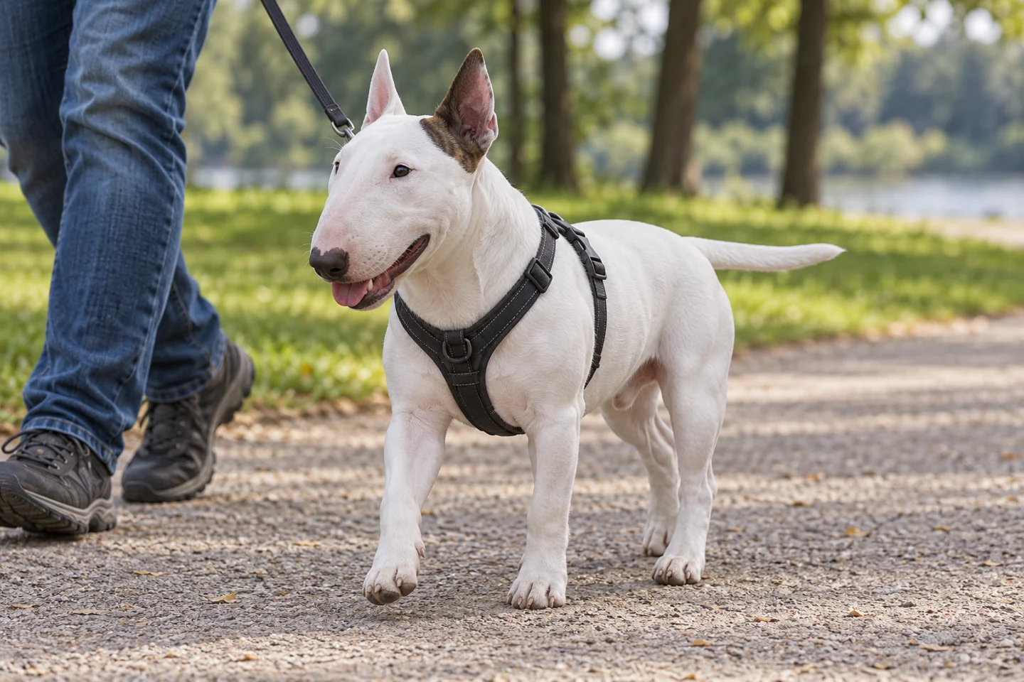 Miniature Bull Terrier adult walking in a harness beside an adult handler, with breed-specific coat and natural anatomy