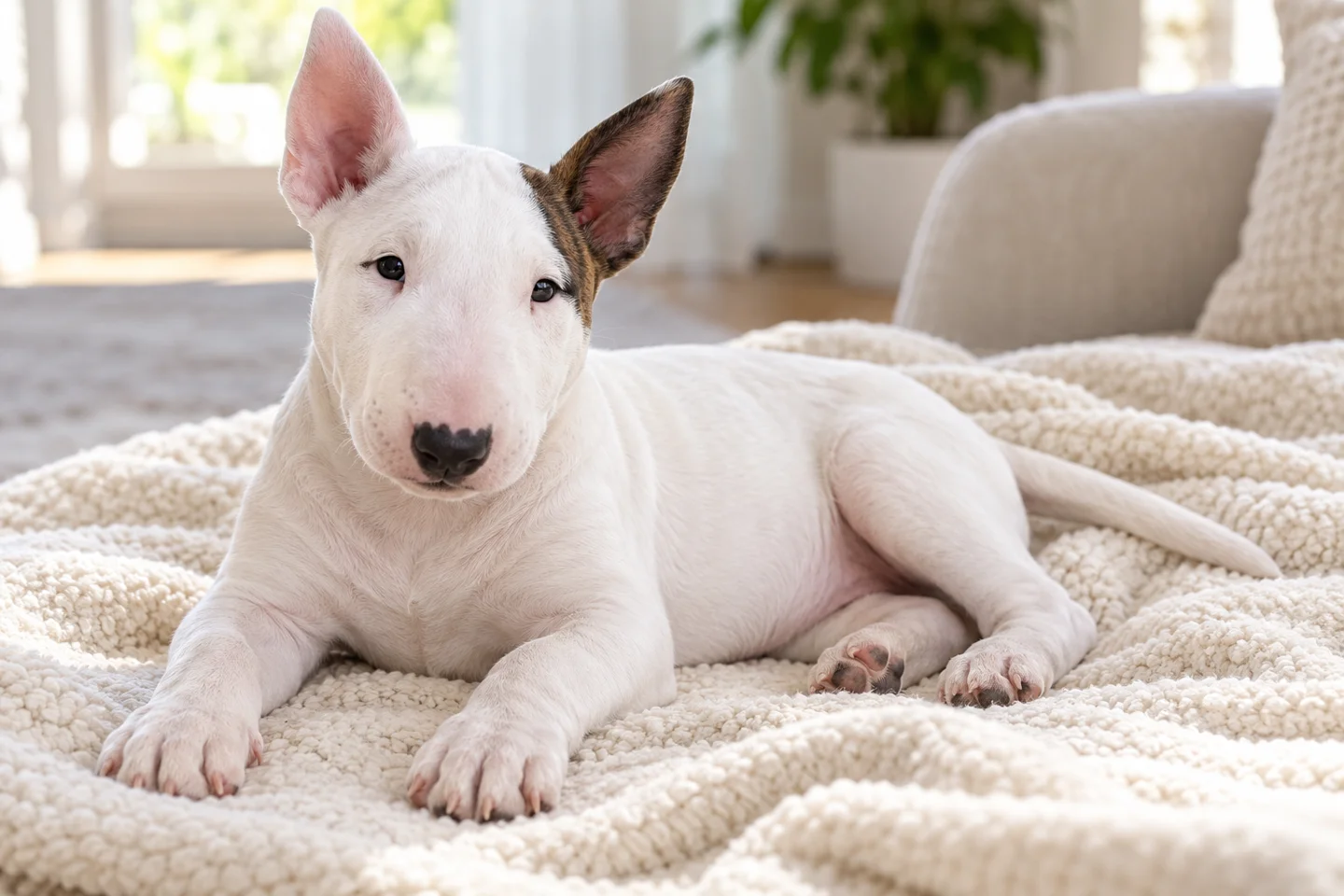 Miniature Bull Terrier older puppy resting on a blanket indoors, with breed-specific coat and natural anatomy