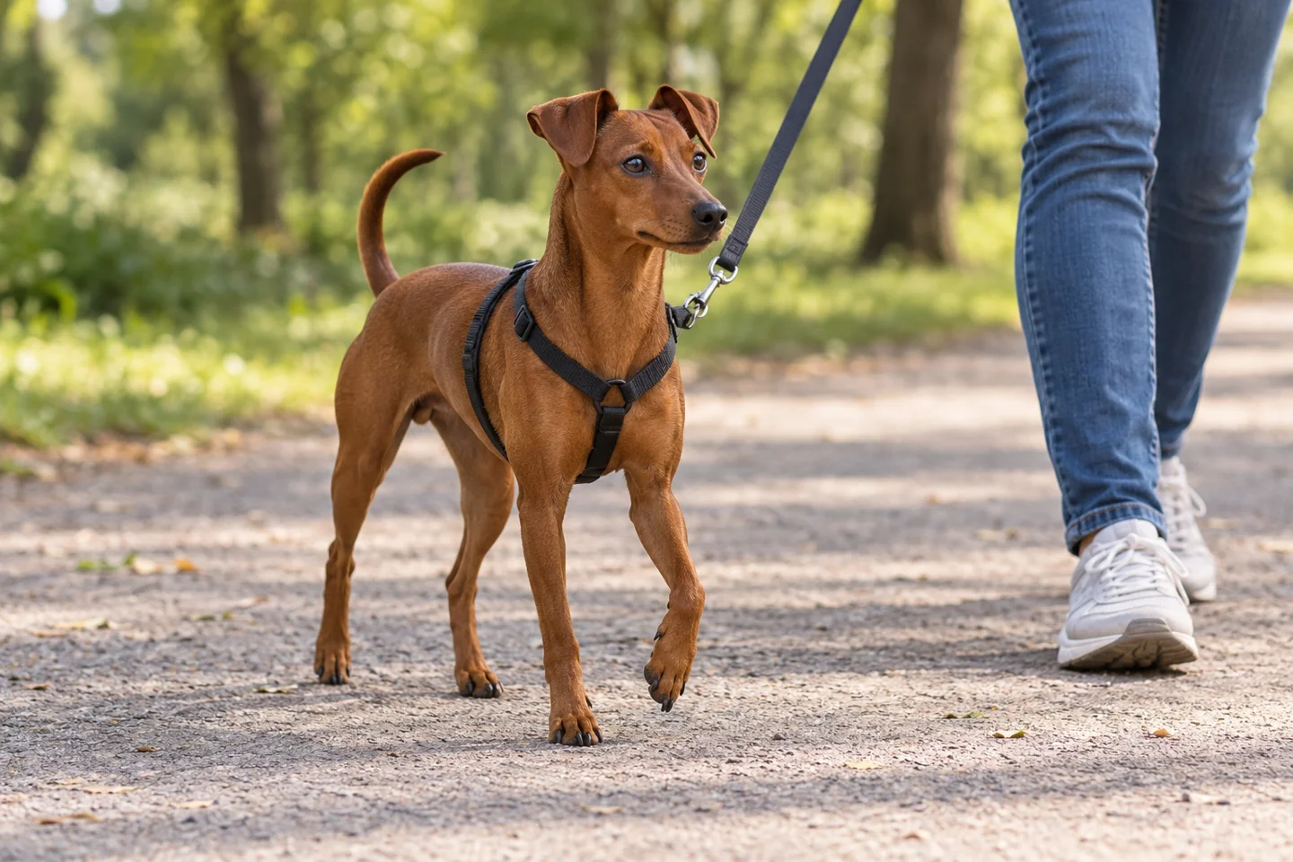 Miniature Pinscher walking in a fitted harness beside an adult handler, showing solid stag-red smooth coat