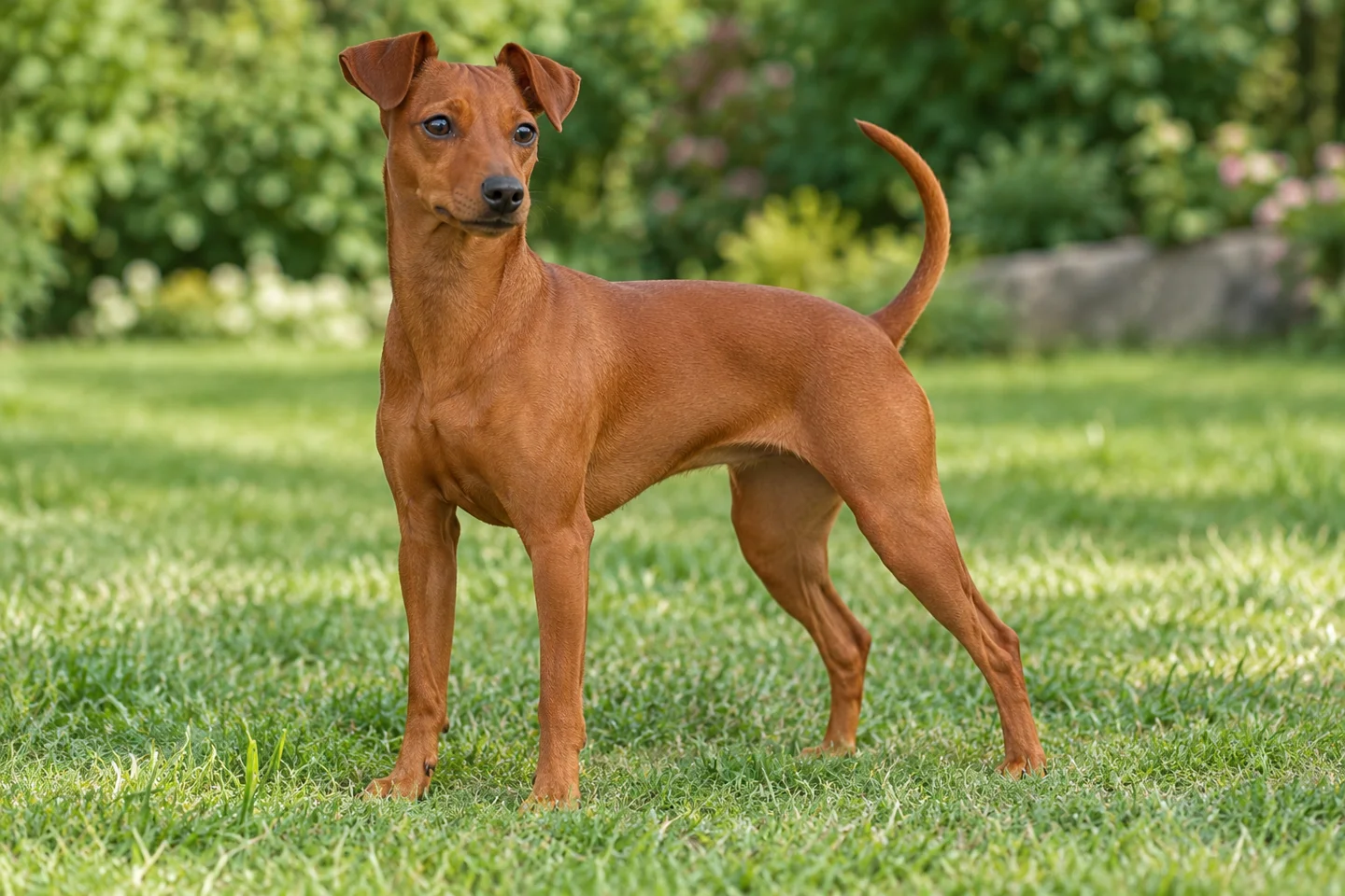 Miniature Pinscher adult standing naturally on a garden lawn, showing solid stag-red smooth coat