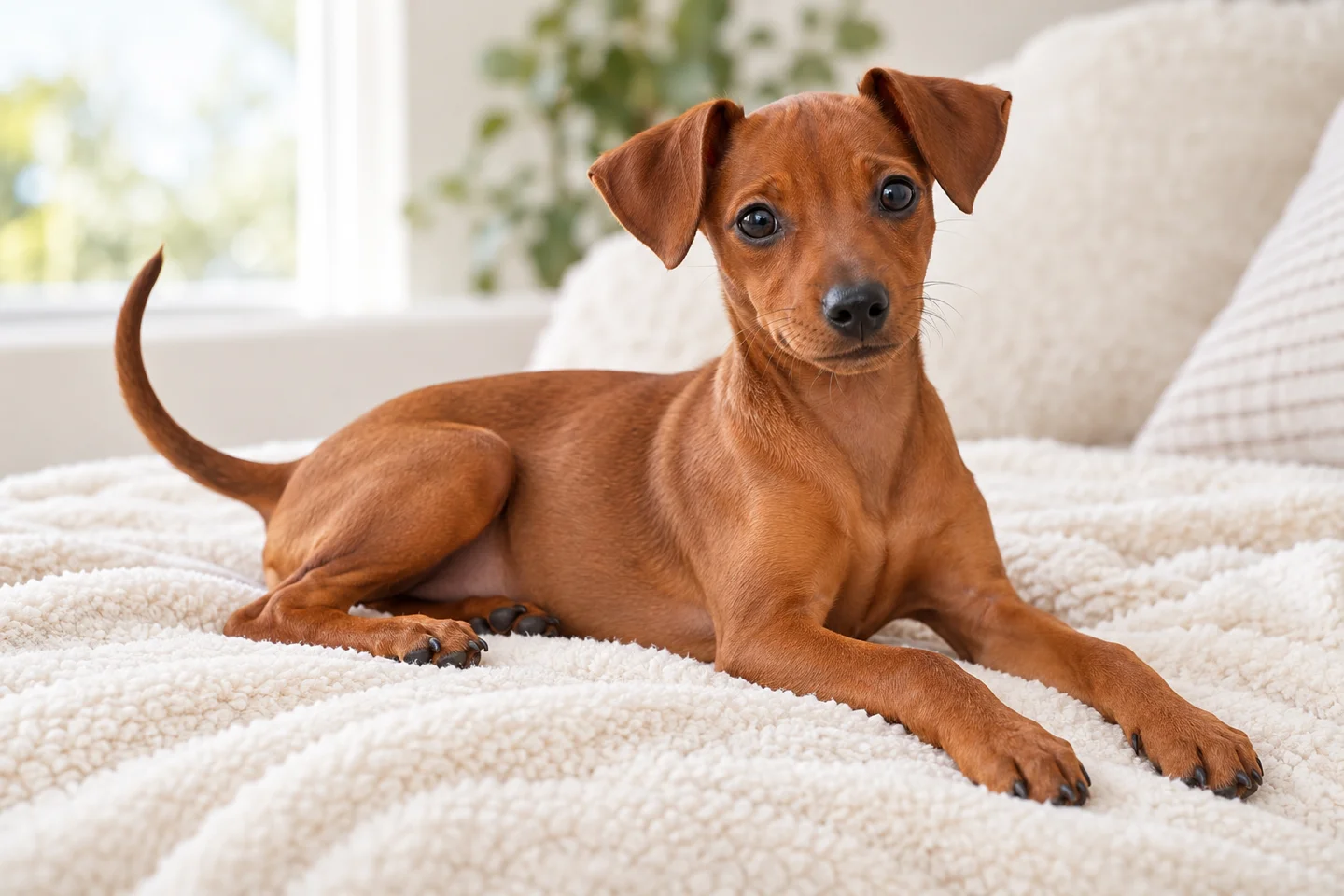 Miniature Pinscher older puppy resting on a blanket indoors, showing solid stag-red smooth coat