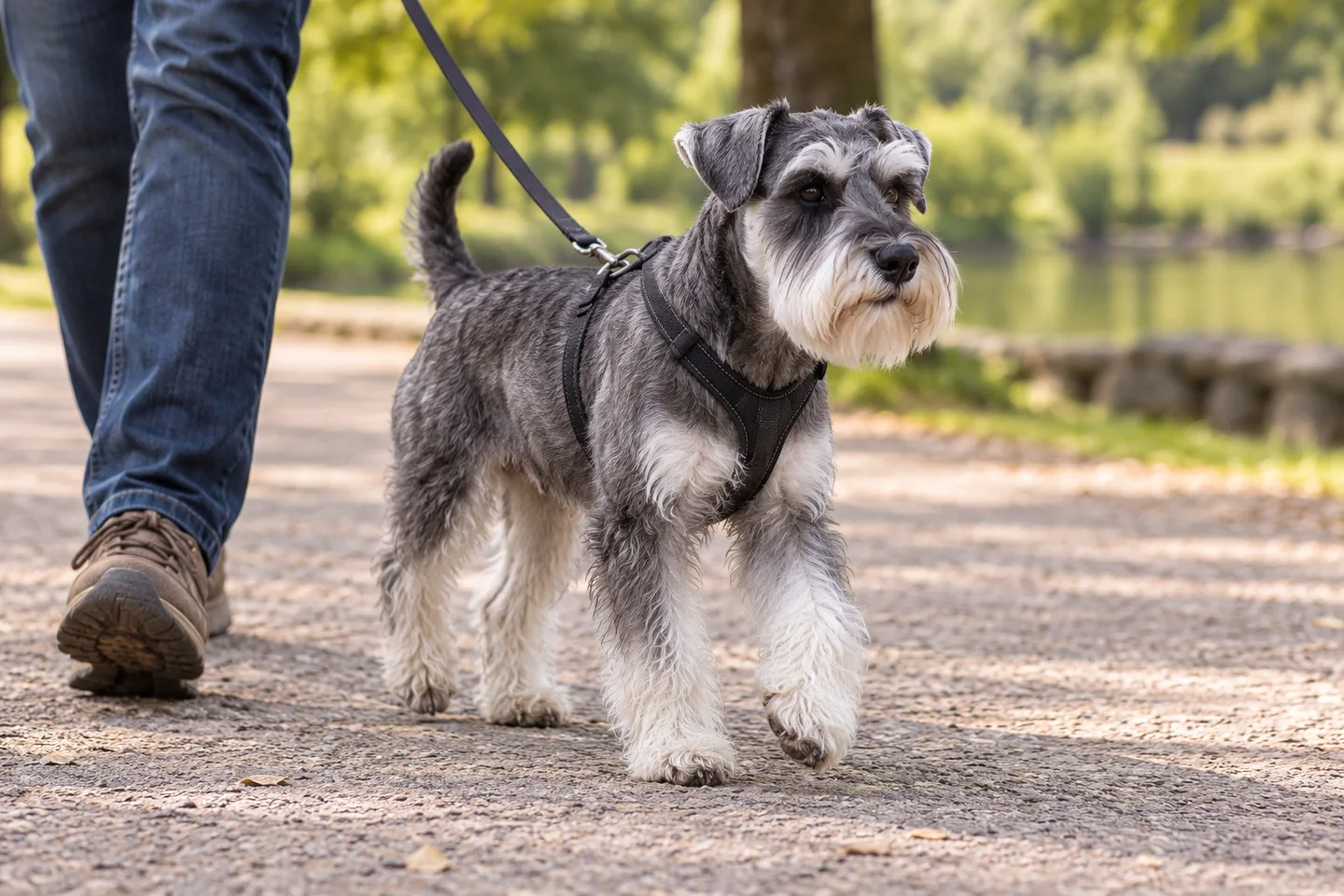 Miniature Schnauzer walking in a fitted harness beside an adult handler, showing salt-and-pepper wiry coat