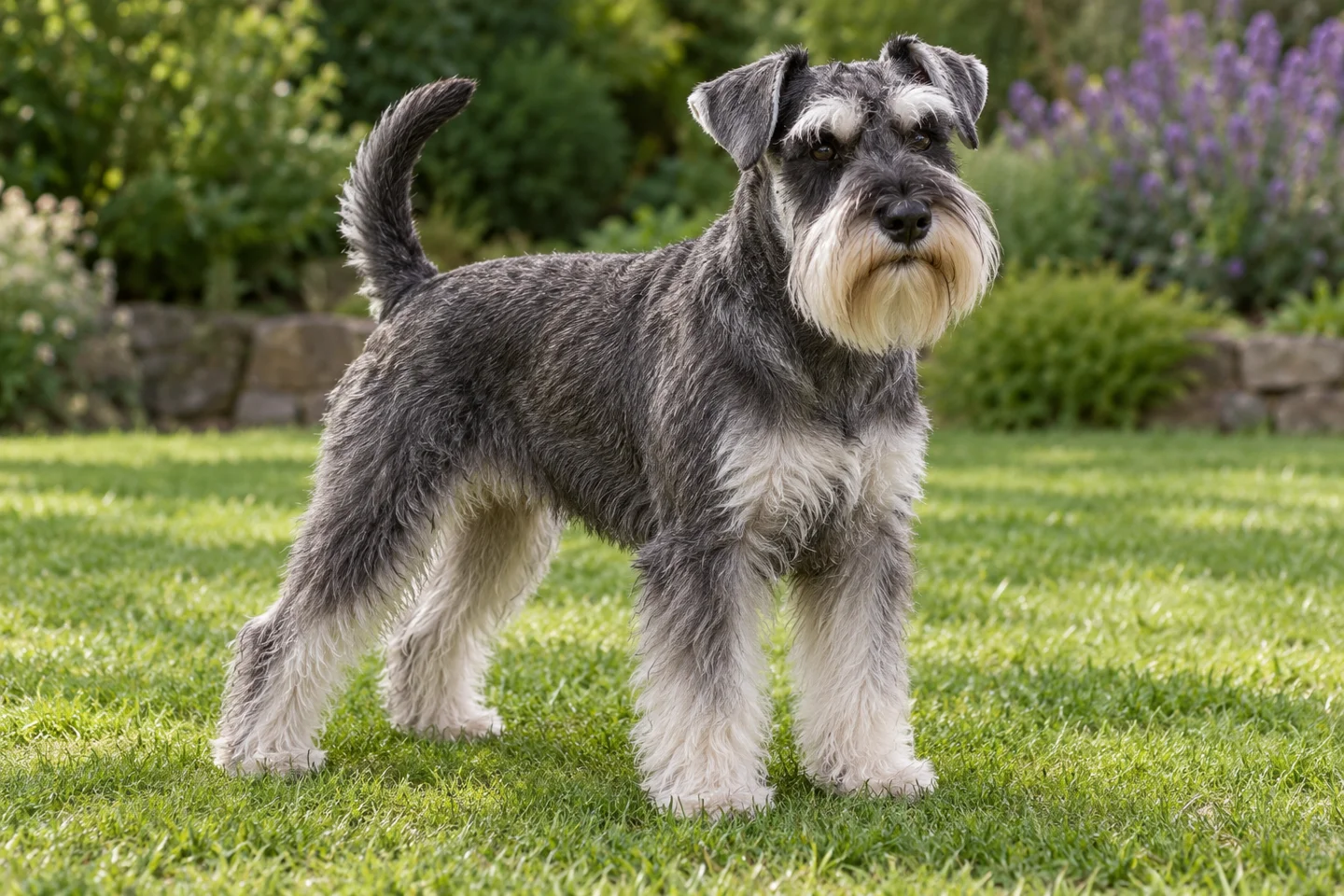 Miniature Schnauzer adult standing naturally on a garden lawn, showing salt-and-pepper wiry coat