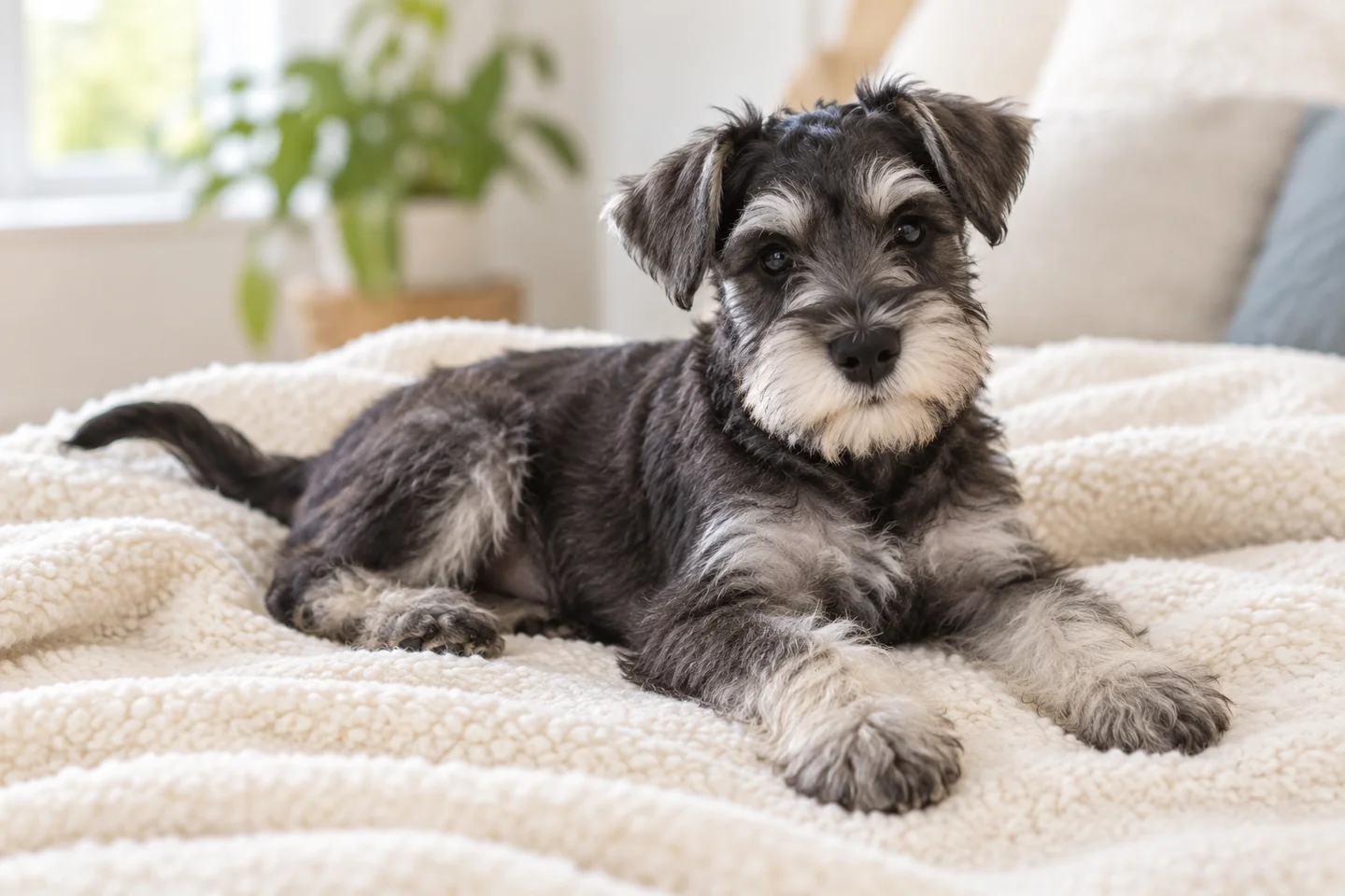 Miniature Schnauzer older puppy resting on a blanket indoors, showing salt-and-pepper wiry coat