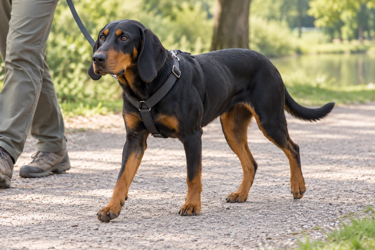 Montenegrin Mountain Hound walking in a fitted harness beside an adult handler, showing black with tan markings