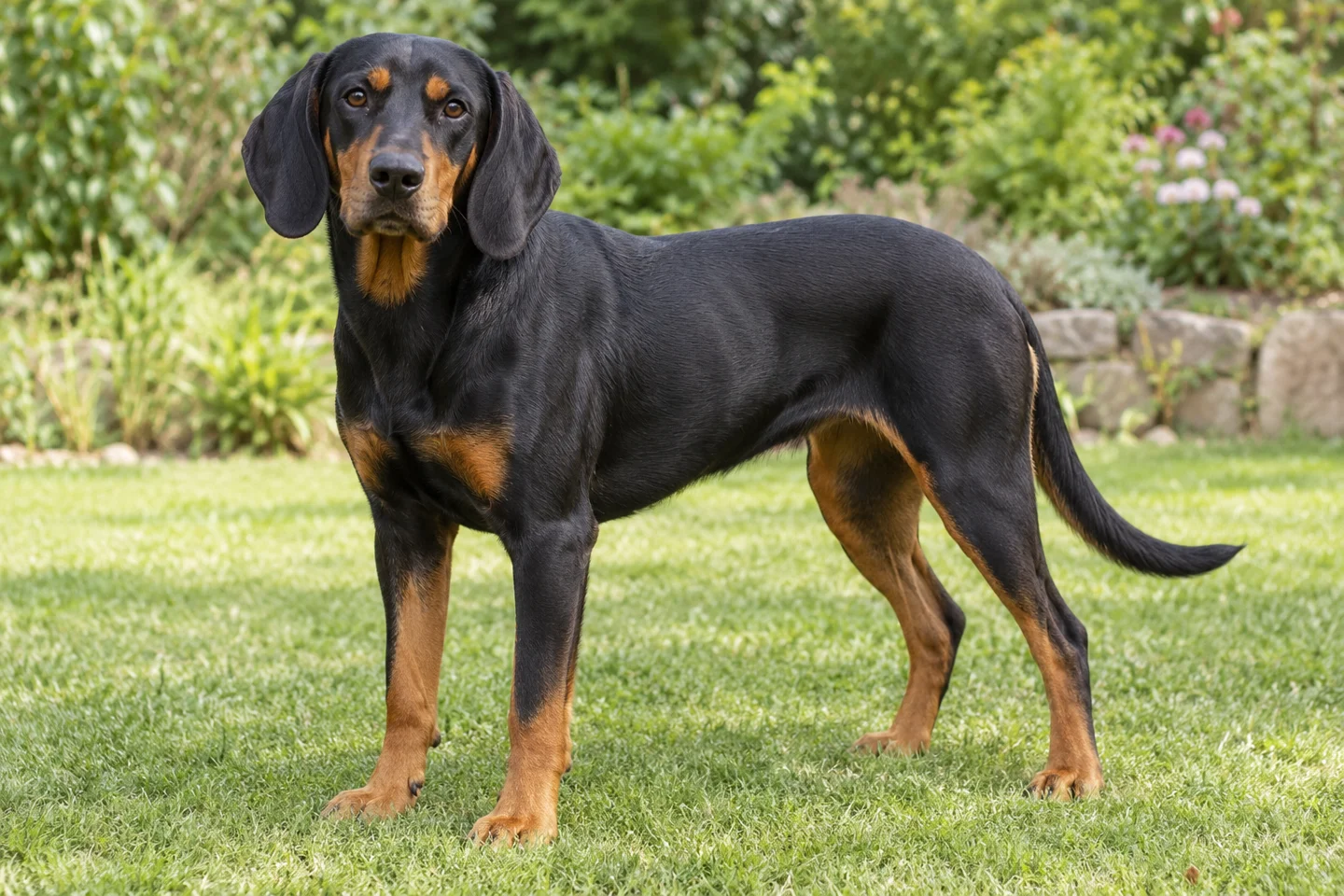 Montenegrin Mountain Hound adult standing naturally on a garden lawn, showing black with tan markings