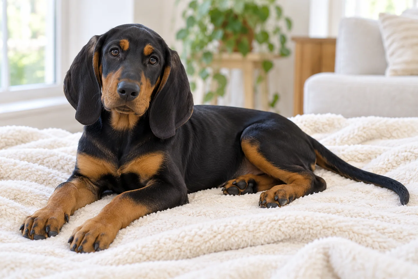 Montenegrin Mountain Hound older puppy resting on a blanket indoors, showing black with tan markings