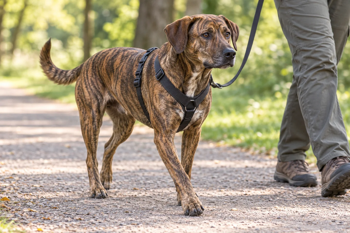 Mountain Cur walking in a fitted harness beside an adult handler, showing brindle short coat