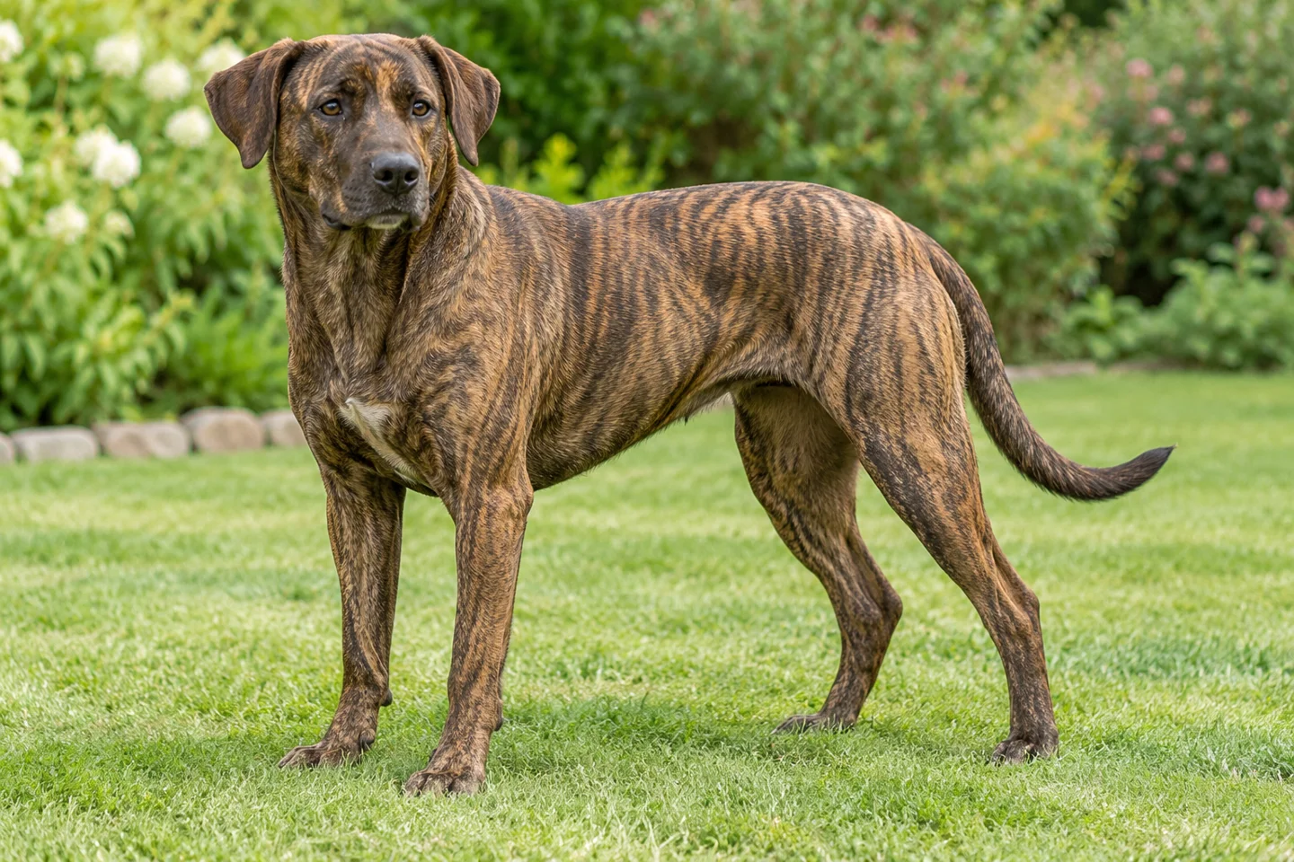 Mountain Cur adult standing naturally on a garden lawn, showing brindle short coat