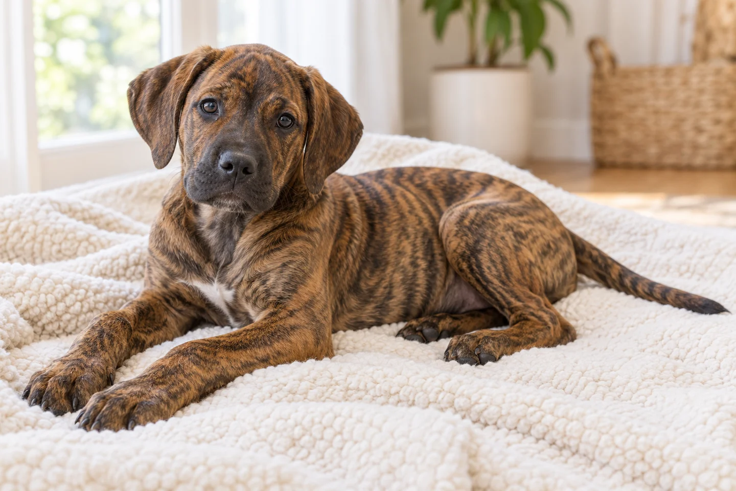 Mountain Cur older puppy resting on a blanket indoors, showing brindle short coat