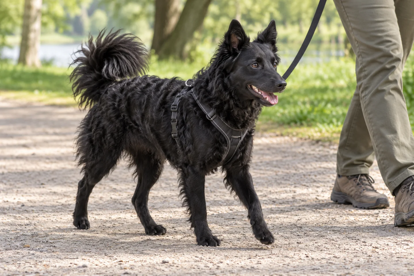 Mudi walking in a fitted harness beside an adult handler, showing solid black wavy coat