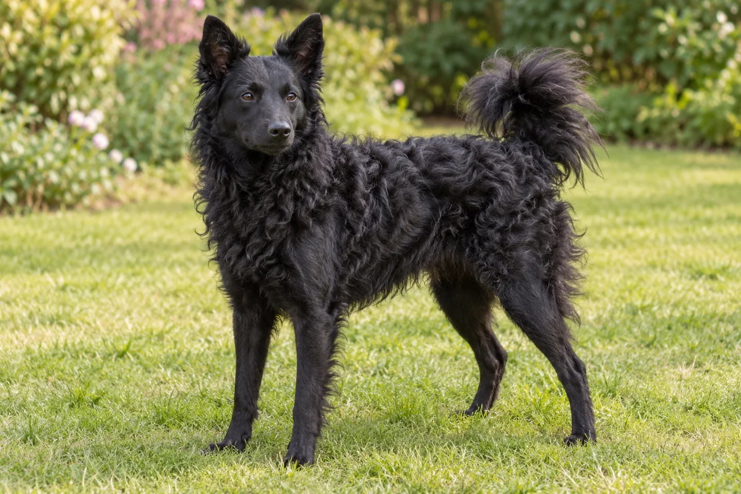 Mudi adult standing naturally on a garden lawn, showing solid black wavy coat