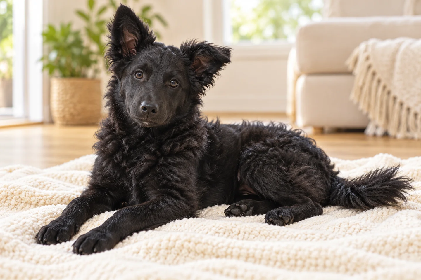 Mudi older puppy resting on a blanket indoors, showing solid black wavy coat