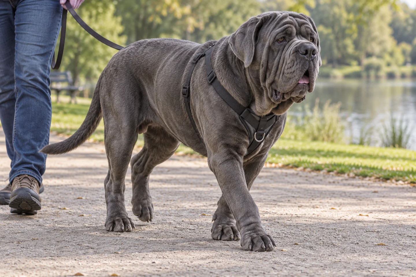 Neapolitan Mastiff walking in a fitted harness beside an adult handler, showing slate-grey short coat