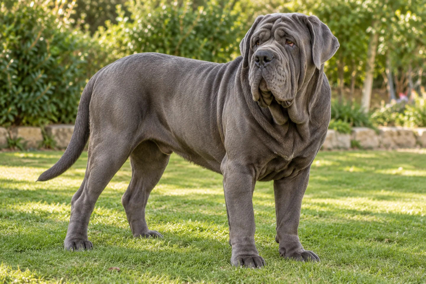 Neapolitan Mastiff adult standing naturally on a garden lawn, showing slate-grey short coat