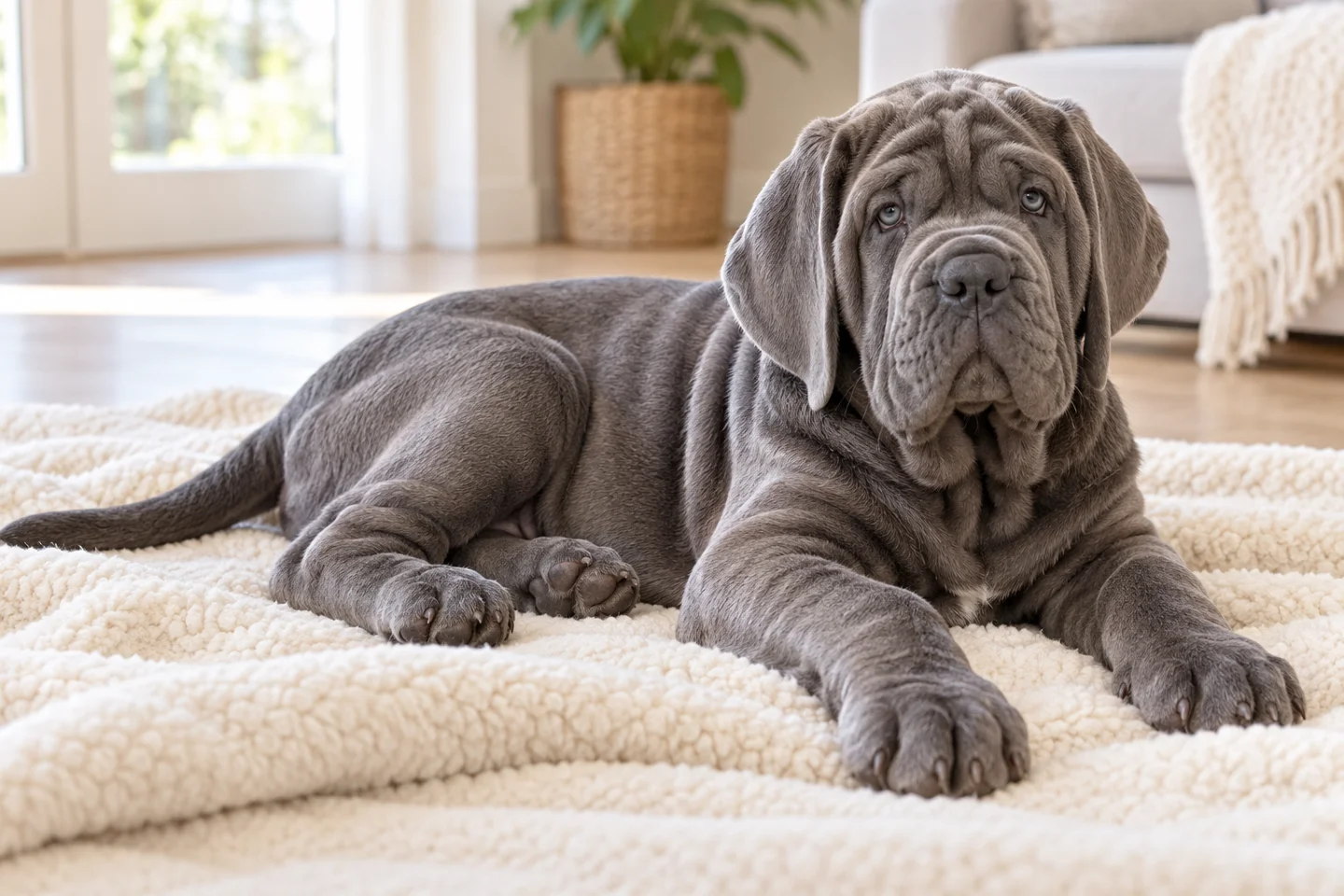 Neapolitan Mastiff older puppy resting on a blanket indoors, showing slate-grey short coat