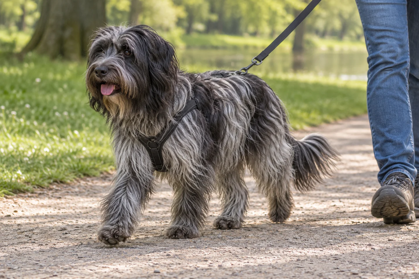 Nederlandse Schapendoes walking in a fitted harness beside an adult handler, showing grey and black long coat